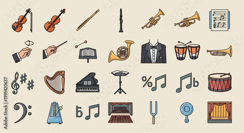 Collection of classical music and orchestral instrument icons on a beige background