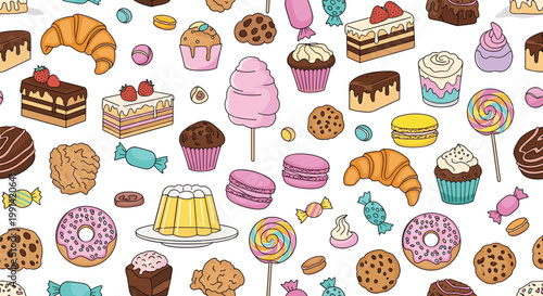 Seamless pattern background filled with assorted colorful desserts including cakes, donuts, macarons, cookies, and candies.