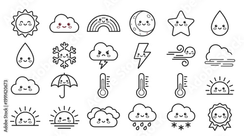 Hand drawn weather icon set with sun, clouds, rainbow, moon, stars, wind, rain and thermometer symbols in outline style for forecast, education and seasonal design
