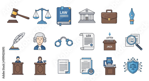Law and justice icon set representing legal system and judicial concepts