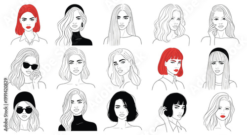 Large grid of various female face sketches showing different hairstyles and facial expressions with selective red accents.