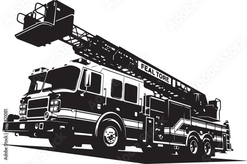 Fire truck, fire engine, ladder truck, emergency vehicle, rescue truck, black and white, vector illustration