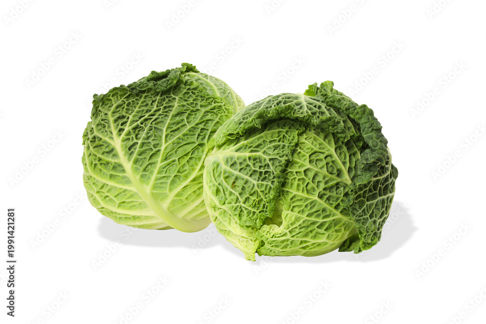 Fototapeta premium Two heads of cabbage on display with fresh leaves, isolated, PNG