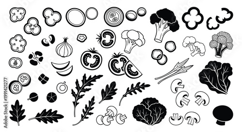 Large collection of hand drawn black and white vegetable slice sketches including broccoli, onion, tomato, and peppers.