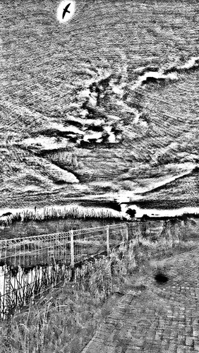 Artistic black and white sketch-style landscape with dramatic clouds, rural path, and fence details, creating a vintage, textured illustration ideal for editorial and creative projects.