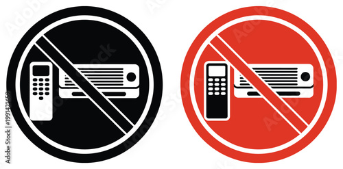 Air conditioner forbidden icon, minimal vector illustration of AC unit with prohibition circle slash, suitable for regulatory signs, environmental policies, and indoor usage restriction graphics.