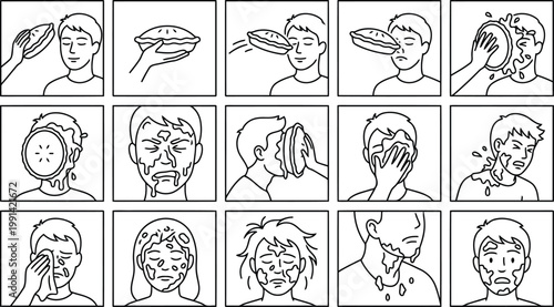 Detailed vector comic strip sequence of a person getting hit in the face with a pie in a slapstick comedy prank slapstick throwing sequence