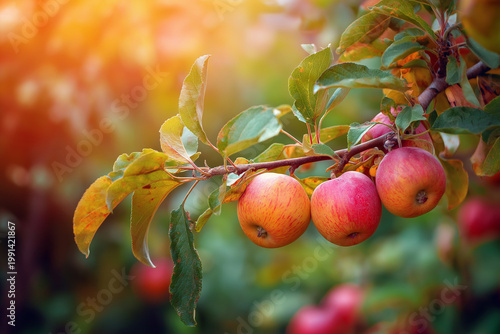 Ripe red apples growing on a tree in a sunlit orchard. Concept organic, local, season fruits and harvesting