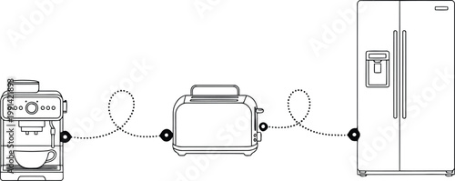 Connected kitchen appliances: coffee maker toaster refrigerator with appliances connected refrigerator illustration communication technology