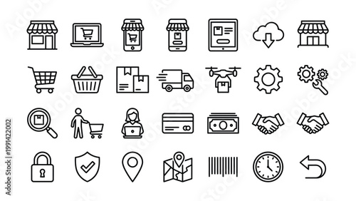 Set of hand drawn icons for e commerce and online shopping with magnifying glass shopping ecommerce delivery collection credit card location settings checkout purchase transaction logistic