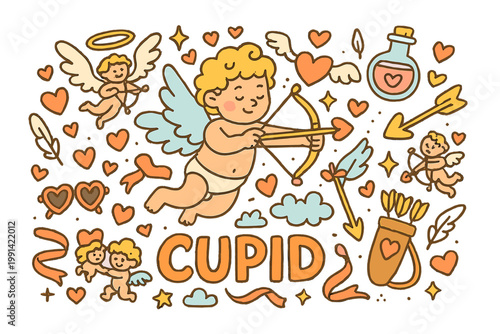 Cupid's Playful Wonderland. Cupid. Hand-drawn doodle illustration of Cupid. Wings, bows, arrows, hearts,