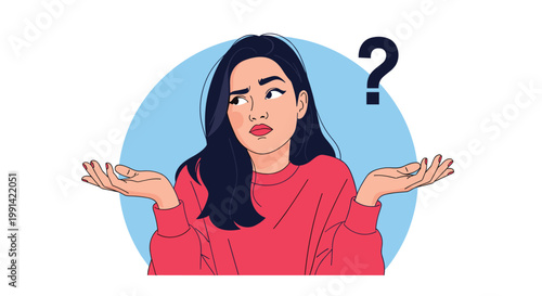 Young woman with a confused facial expression shrugging her shoulders with palms up and a question mark symbol above.