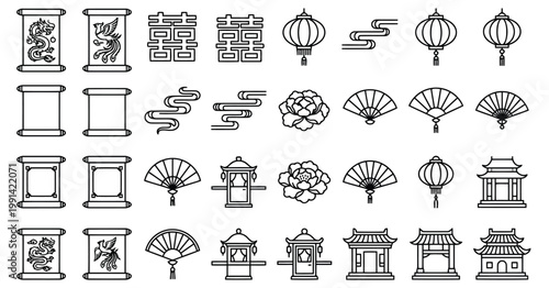 Asian cultural icons and symbols vector set with traditional oriental japanese architecture building happiness illustration collection