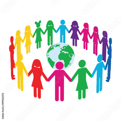 Diverse people holding hands around the globe in unity and friendship