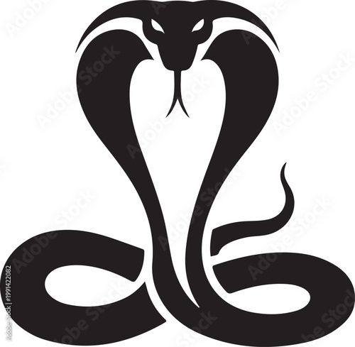 Black and white silhouette of a coiled cobra snake with a flared hood display reptile