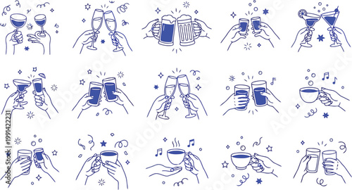 Celebration toast icons set: clinking glasses and cheers with celebration clinking congratulations happiness gathering occasion champagne
