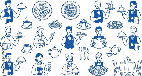 Restaurant staff and food service icon set with restaurant hospitality catering beverage illustration collection professional industry