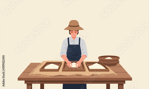 Traditional Rice Processing and Sorting by Hand