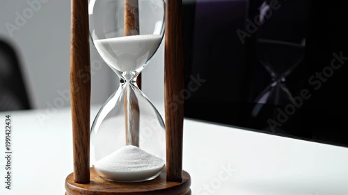 Hourglass sand timer near computer monitor for deadline countdown clock wooden glass hourglass with sand by computer monitor technology time