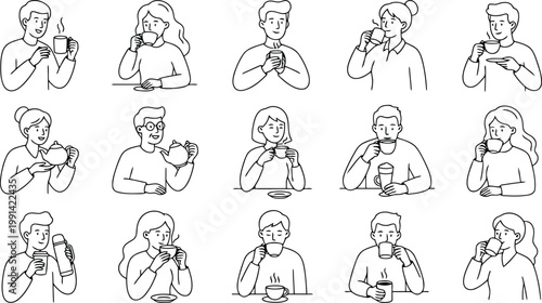 Diverse people enjoying beverages simple line art illustration set beverage illustration collection individuals expressions enjoying drinking