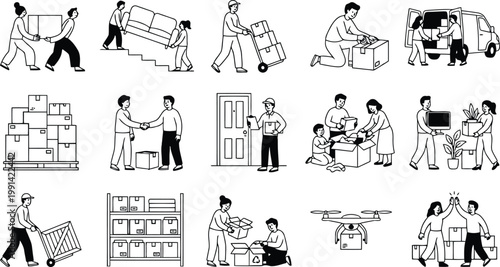 Logistics and delivery process icons simple line drawing set logistics delivery shipping forklift warehouse transport unloading stacking