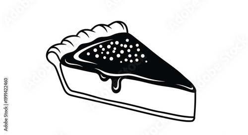 Simple black and white illustration of a slice of fruit pie with crumb topping and sauce dripping down the side.