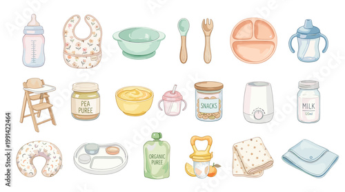 Baby feeding and nursery vector set with bottle, bib, bowl, spoon, high chair, pacifier, milk jar, toys, sandwich and child meal essentials in soft pastel style