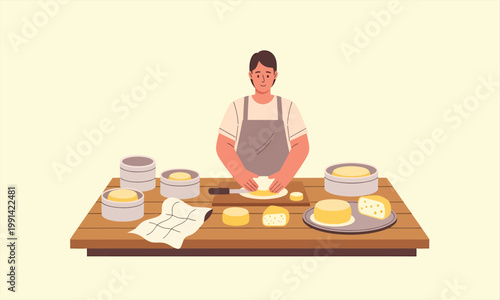 A person shaping and preparing artisan cheese on a wooden table