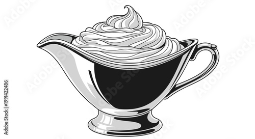 Elegant silver gravy boat or sauce dish filled with a tall swirl of fluffy white whipped cream in a classic style.