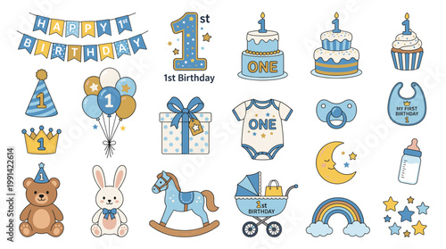 Happy first birthday baby vector collection with cake, balloons, gifts, rocking horse, stroller, teddy bear, rabbit, moon, rainbow and party decorations in cute style