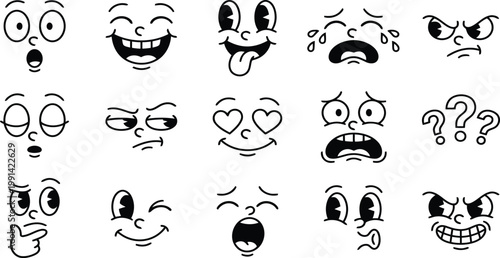 Collection of cartoon faces expressing various emotions with emotions range from joy and surprise to sadness anger thoughtfulness hand drawn