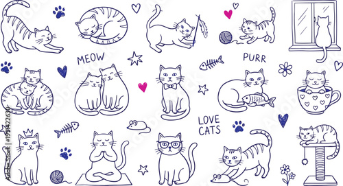 Cute cat illustrations and icons in blue outline with hand drawn cute cats cat lover paw print animal illustrations cat drawings illustrations