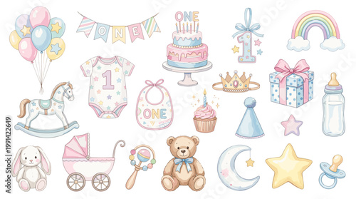 Baby shower and first birthday vector set with balloons, cake, rainbow, rocking horse, stroller, teddy bear, cupcake, gift box and nursery decorations in pastel style