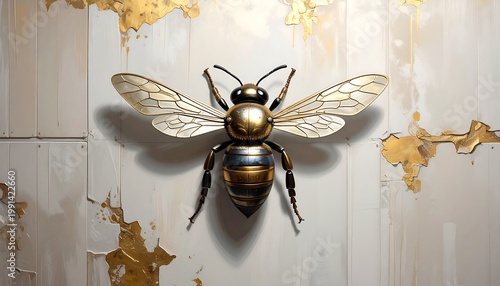 A golden, metallic bee, viewed frontally, is centered on a white, textured wall with golden, abstract paint details