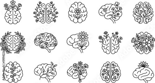 Line art illustrations of human brains with floral and leaf elements illustration collection creative intelligence learning knowledge abstract