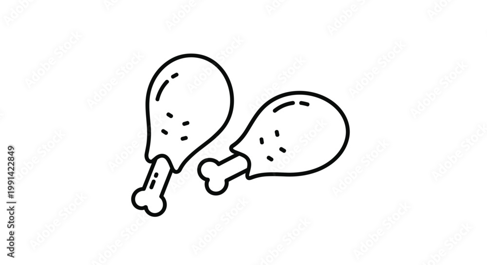 Obraz premium Simple black and white line art drawing showing two cooked chicken drumsticks represented in a clean minimalist vector style.