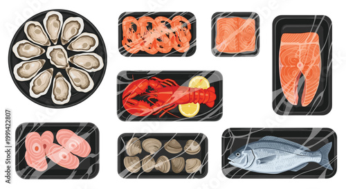 Collection of various raw seafood products like fish, shrimp, lobster, and clams in black plastic vacuum packaging.