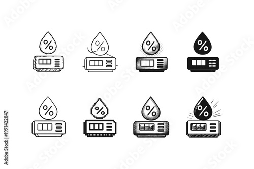 Set of icons representing humidity measurement devices with percentage display