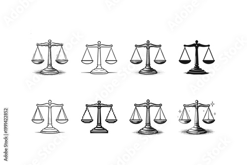 Collection of diverse balance scale icons representing justice and legal concepts