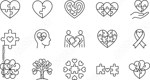 Conceptual line art icons featuring puzzles hearts connection symbols connection illustration collection relationships teamwork collaboration