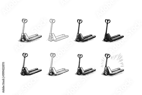 Collection of hand-drawn pallet jack illustrations in various styles