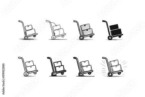 Collection of hand truck icons with stacked boxes for logistics and delivery services
