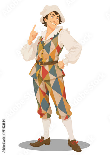 079-47-Arlecchino character dressed in a colorful patterned costume gesturing and smiling