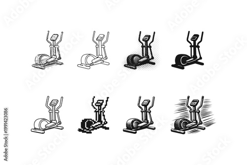 Collection of elliptical trainer icons in various artistic styles and resolutions