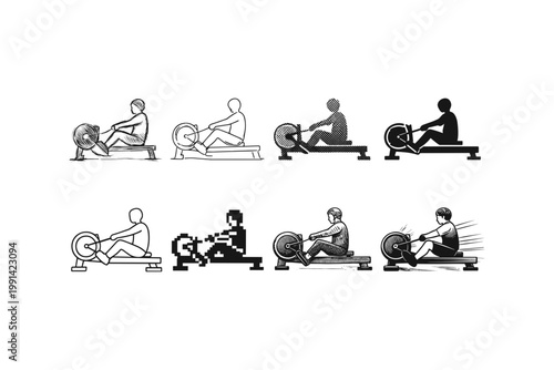 Collection of diverse rowing machine workout illustrations in various artistic styles