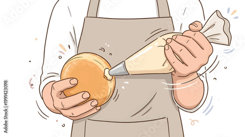 Hand Drawn Doodle Vector of Person Filling Bomboloni Donut with Piping Bag Pastry Making Process