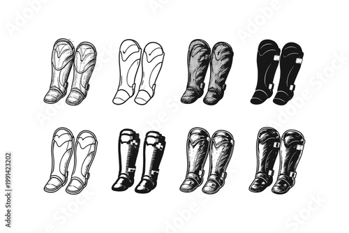 Various styles of protective leg armor illustrations for sports and activities