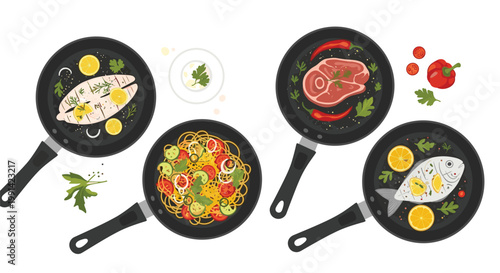 top view of four frying pans containing different cooked meals including fish pasta meat and vegetables on white background.