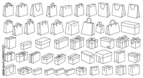 large set of line art illustrations featuring various types of shopping bags and gift boxes in different shapes and sizes.