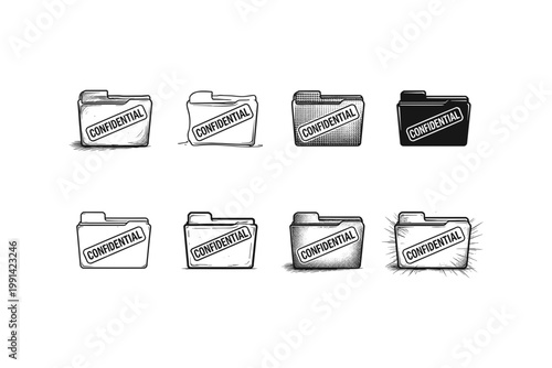 Collection of diverse folder icons labeled confidential for secure document management